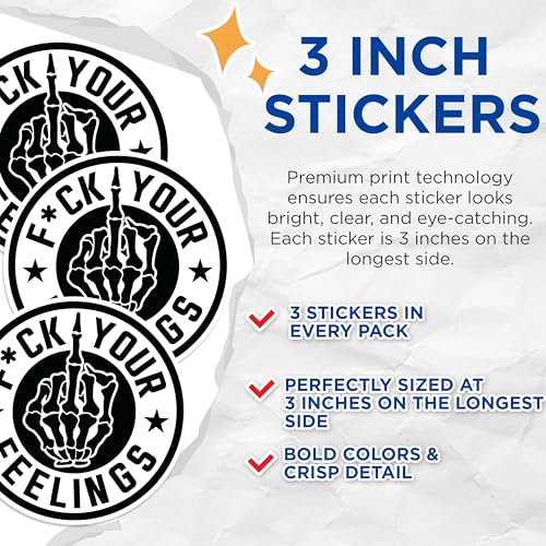 (3 Pack) F Your Feelings Decal - Middle Finger Decals - Skeleton Hand Decal - 3 Inches On Longest Side - Easy Peel & Apply - Made in USA - 3MCS0538