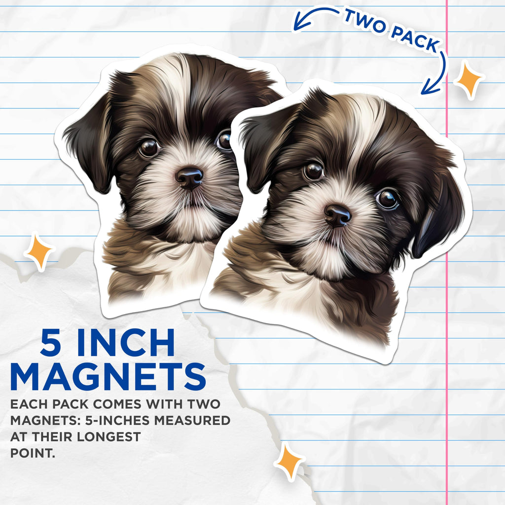 (2 Pack) Cute Fluffy Puppy Magnets - Shih Tzu Dog Lover Decor - Pet Parent Refrigerator Art - 5 Inches On Longest Side - Thick Durable Magnet - Made in USA - MAG27125