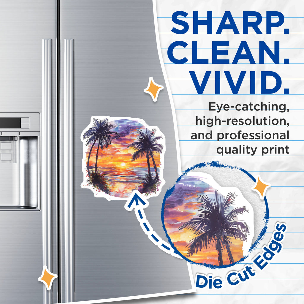 (2 Pack) Tropical Sunset Beach Magnets - Palm Tree Ocean Vacation Decor - Watercolor Coastal Aesthetic Fridge Art - 5 Inches On Longest Side - Thick Durable Magnet - Made in USA - MAG39595