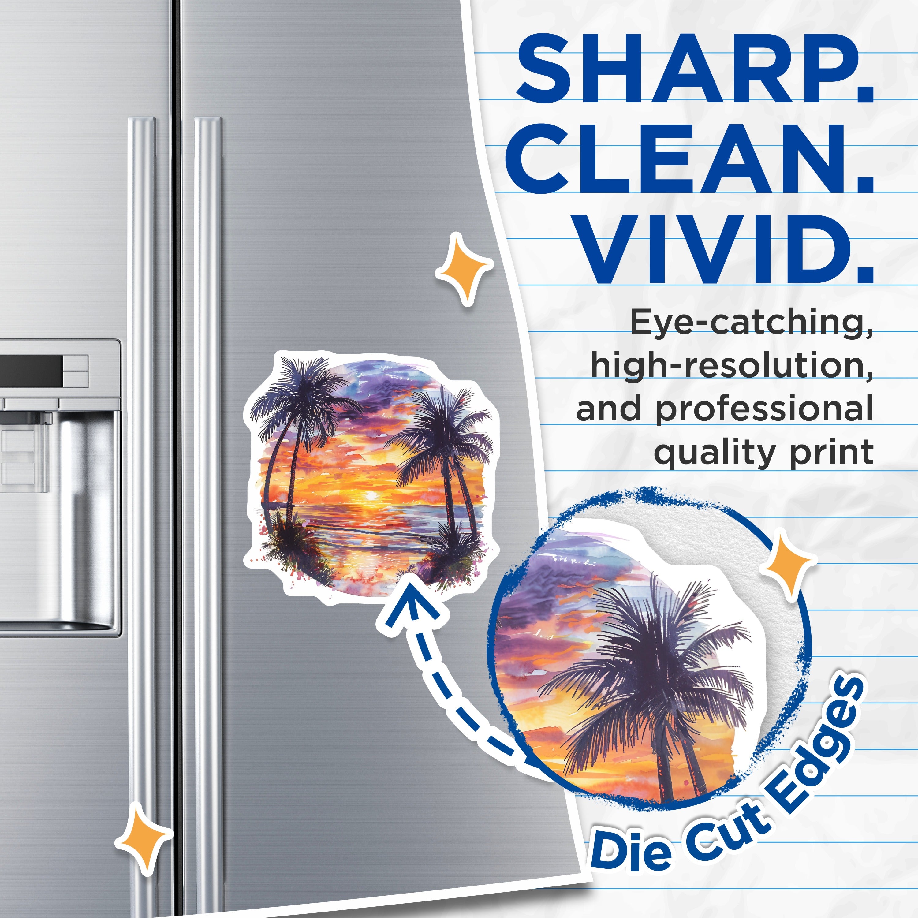 (2 Pack) Tropical Sunset Beach Magnets - Palm Tree Ocean Vacation Decor - Watercolor Coastal Aesthetic Fridge Art - 5 Inches On Longest Side - Thick Durable Magnet - Made in USA - MAG39595
