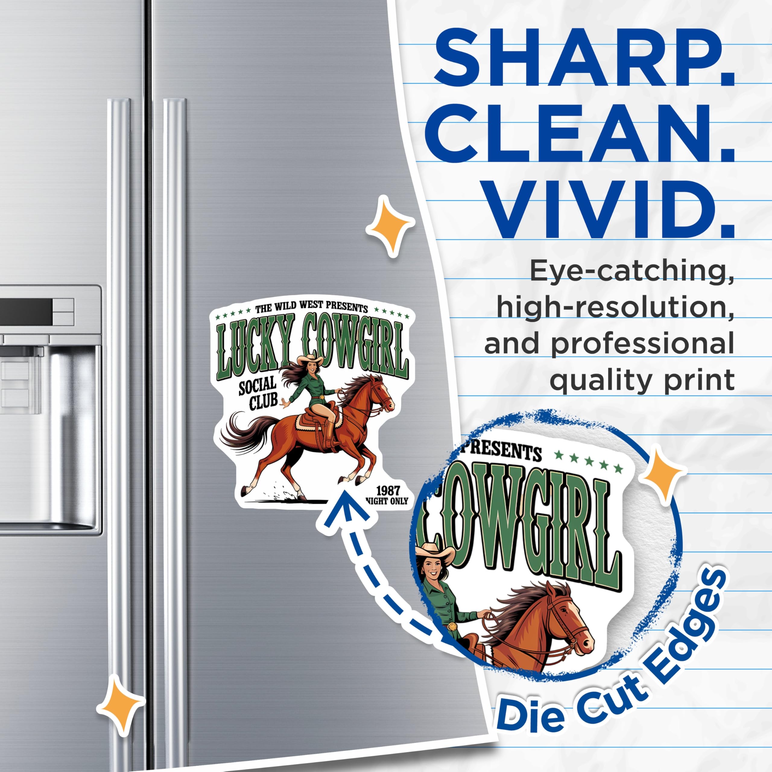 (2 Pack) Lucky Cowgirl Magnets - Wild West Rodeo Art - Vintage Horse Rider Social Club - 5 Inches On Longest Side - Thick Durable Magnet - Made in USA - MAG23174
