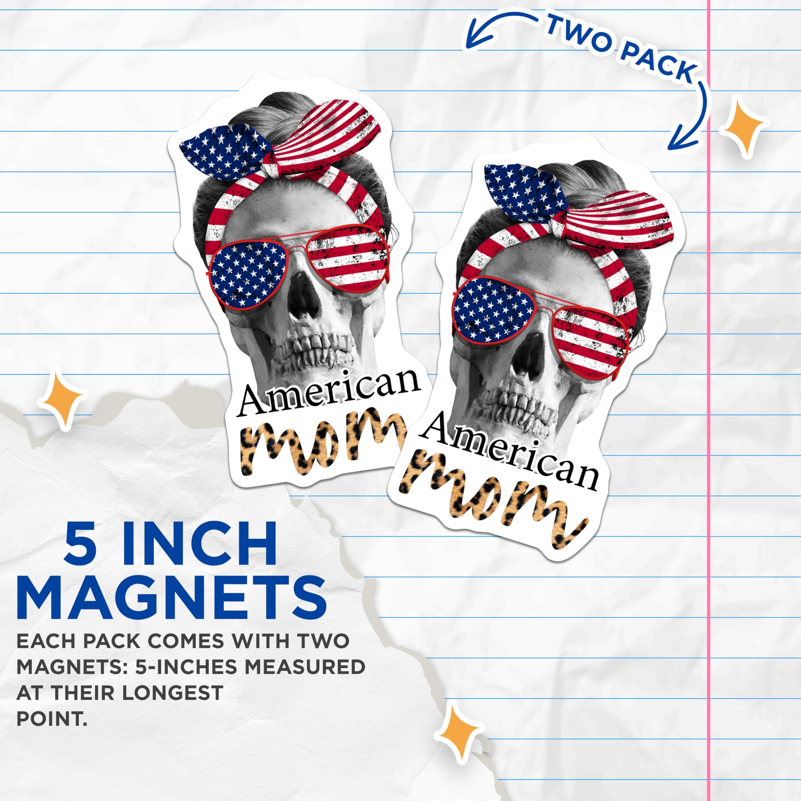 (2 Pack) American Mom Magnets - Skull Design - Patriotic Refrigerator Magnets - 5" On Longest Side - Premium Magnet - for Cars, Refrigerators, Toolboxes, Lockers - Made in USA - MAG18018