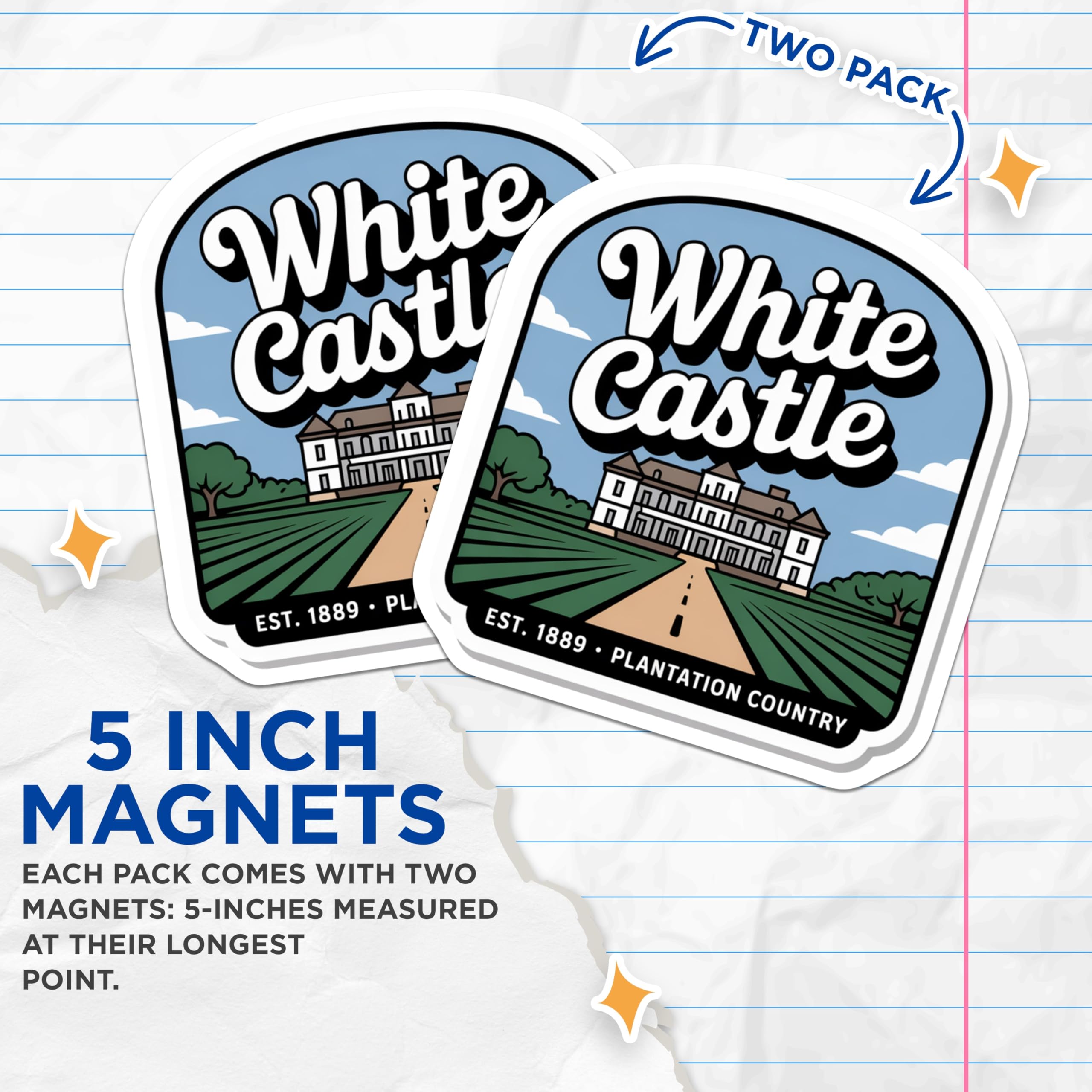 (2 Pack) White Castle Magnets - Plantation Country - Est 1889 Refrigerator Magnets - 5" On Longest Side - Premium Magnet - for Cars, Refrigerators, Toolboxes, Lockers - Made in USA - MAG18327