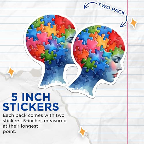 (2 Pack) Puzzle Face Art Stickers - Colorful Brain Illustration - Puzzle Piece Head Art - 5" On Longest Side - Sticks to Smooth Flat Surfaces - Made in USA - BMCS6966