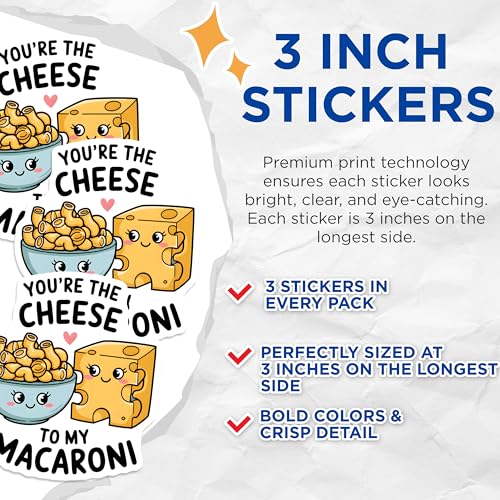 (3 Pack) You're The Cheese Decals - Macaroni Lover - Funny Foodie - Laptop Decals - 3 Inches On Longest Side - Easy Peel & Apply - Made in USA - 3MCS2418
