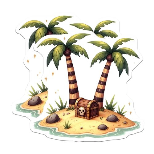 (2 Pack) Tropical Island Stickers - Pirate Treasure Chest - Palm Trees Stickers - 5" On Longest Side - Sticks to Smooth Flat Surfaces - Made in USA - BMCS6797