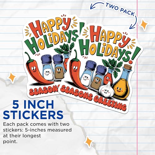(2 Pack) Happy Holidays Stickers - Season's Greetings - Funny Holiday Pack - 5" On Longest Side - Sticks to Smooth Flat Surfaces - Made in USA - BMCS7622