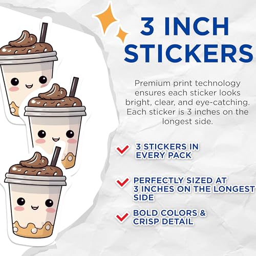 (3 Pack) Boba Tea Decals - Cute Kawaii Drink - Bubble Tea Laptop Stickers - 3 Inches On Longest Side - Easy Peel & Apply - Made in USA - 3MCS1043