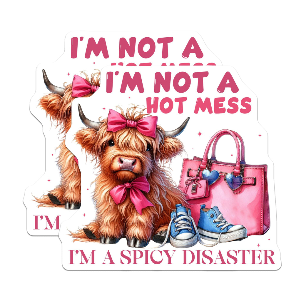 (2 Pack) I'm Not A Hot Mess Stickers - I'm A Spicy Disaster - Funny Cow Stickers - 5" On Longest Side - Sticks to Smooth Flat Surfaces - Made in USA - BMCS3705