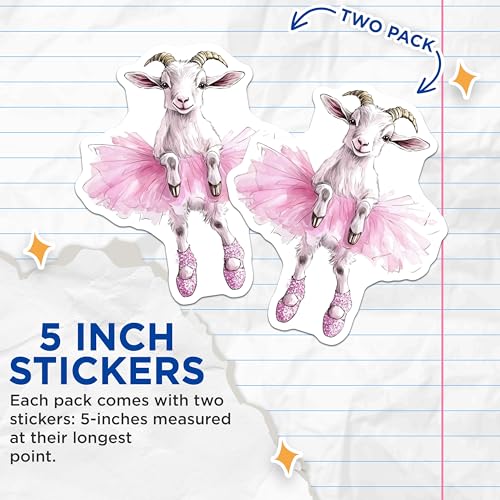 (2 Pack) Cute Goat in Tutu Stickers - Animal Lover Sticker Pack - Fun Farm Animal Decal - 5" On Longest Side - Sticks to Smooth Flat Surfaces - Made in USA - BMCS9512