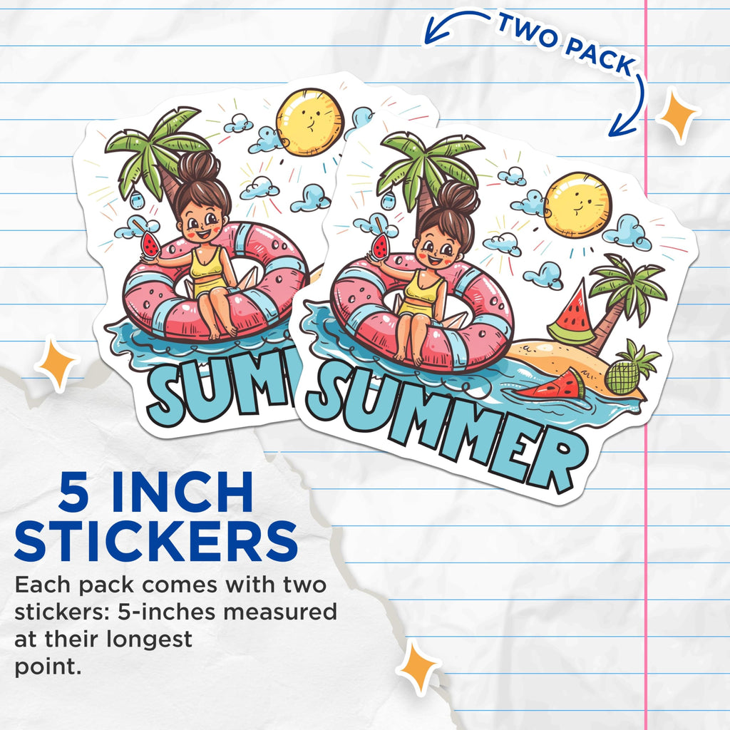 (2 Pack) Summer Stickers - Beach Stickers - Tropical Stickers for Kids - 5" On Longest Side - Sticks to Smooth Flat Surfaces - Made in USA - BMCS4319