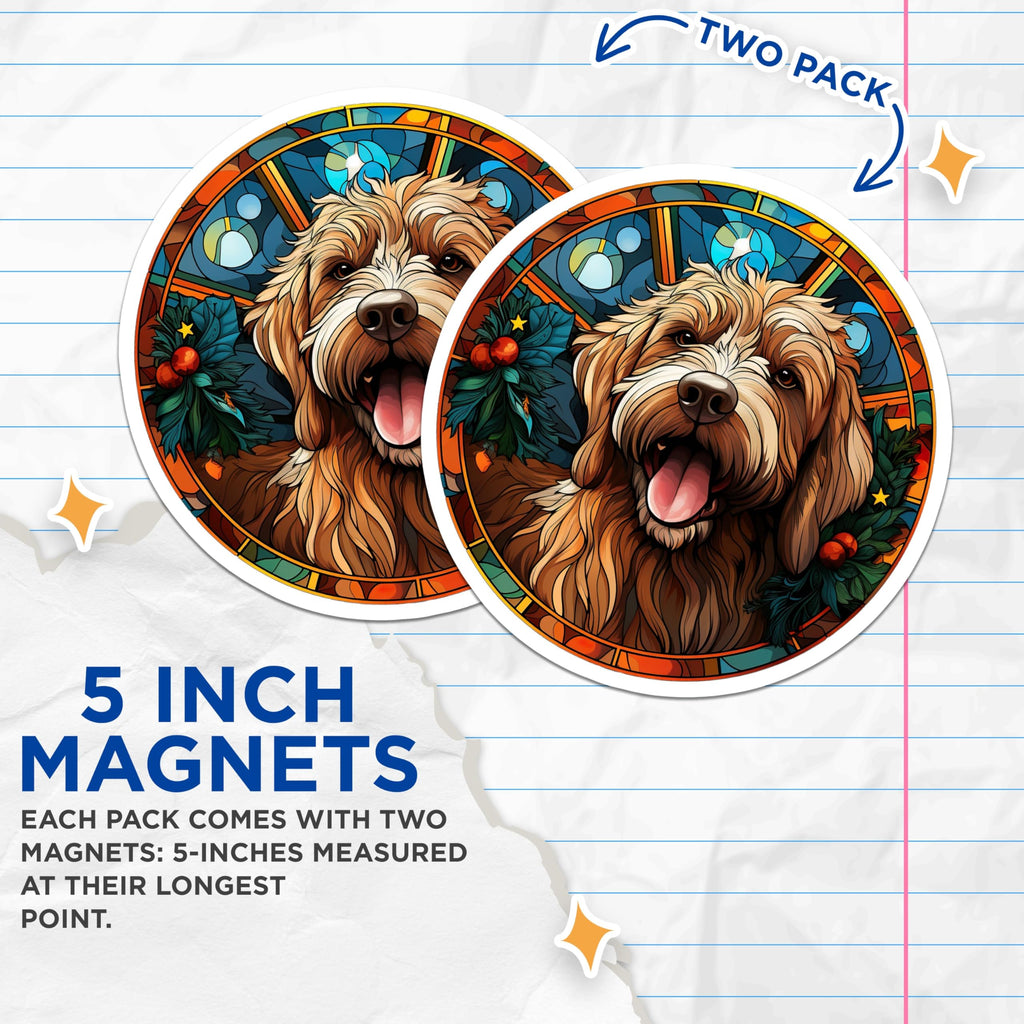 (2 Pack) Goldendoodle Christmas Magnets - Stained Glass Dog Art - Holiday Pet Lover Decor - Winter Kitchen Fridge Magnet - 5 Inches On Longest Side - Thick Durable Magnet - Made in USA - MAG25217