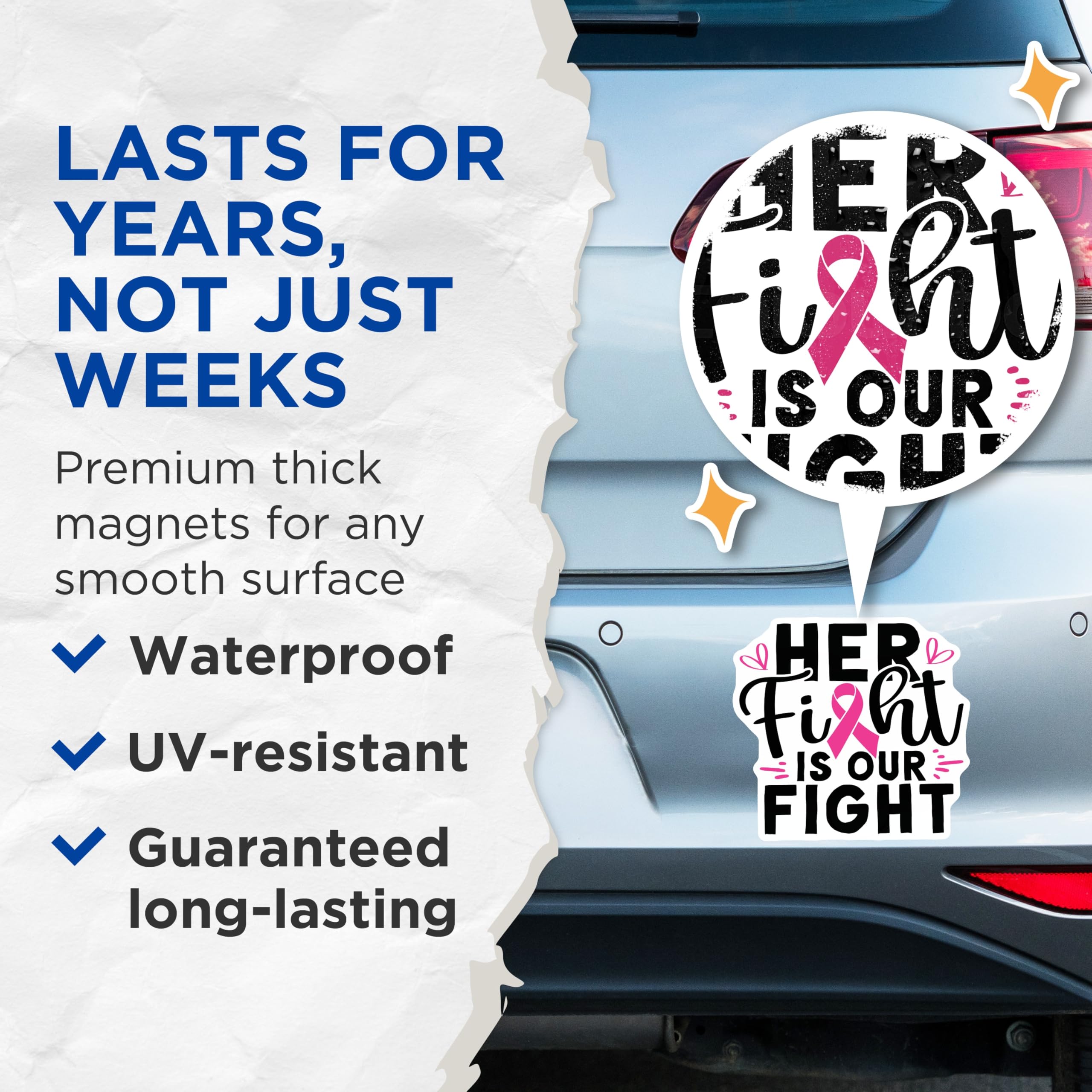 (2 Pack) Breast Cancer Awareness Magnets - Her Fight is Our Fight - Ribbon Support Magnets - 5" On Longest Side - Premium Magnet - for Cars, Refrigerators, Toolboxes, Lockers - Made in USA - MAG16735