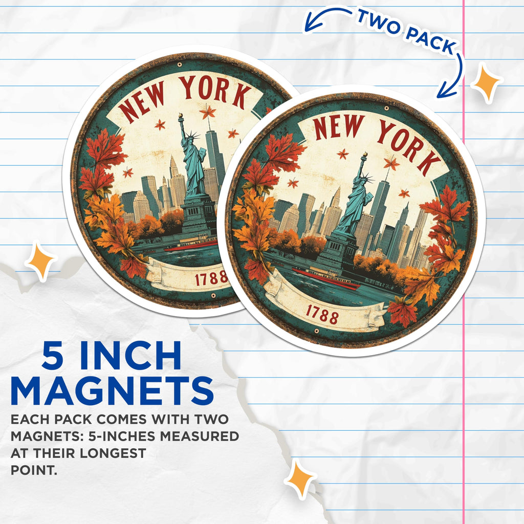 (2 Pack) New York Magnets - Statue of Liberty Decor - Autumn Skyline Souvenirs - 5" On Longest Side - Premium Magnet - for Cars, Refrigerators, Toolboxes, Lockers - Made in USA - MAG15990