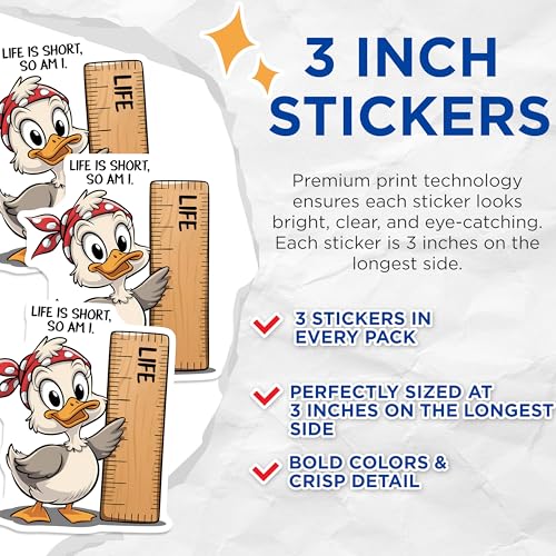 (3 Pack) Life is Short Decals - Duck Cartoon - Laptop Decal - 3 Inches On Longest Side - Easy Peel & Apply - Made in USA - 3MCS2112