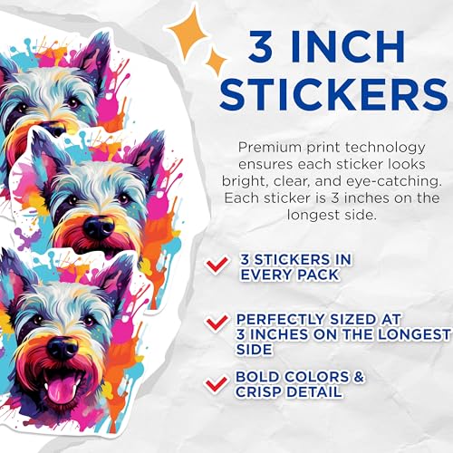 (3 Pack) Colorful Dog Decals - Cute Dog Stickers - Laptop Decals - 3 Inches On Longest Side - Easy Peel & Apply - Made in USA - 3MCS0817