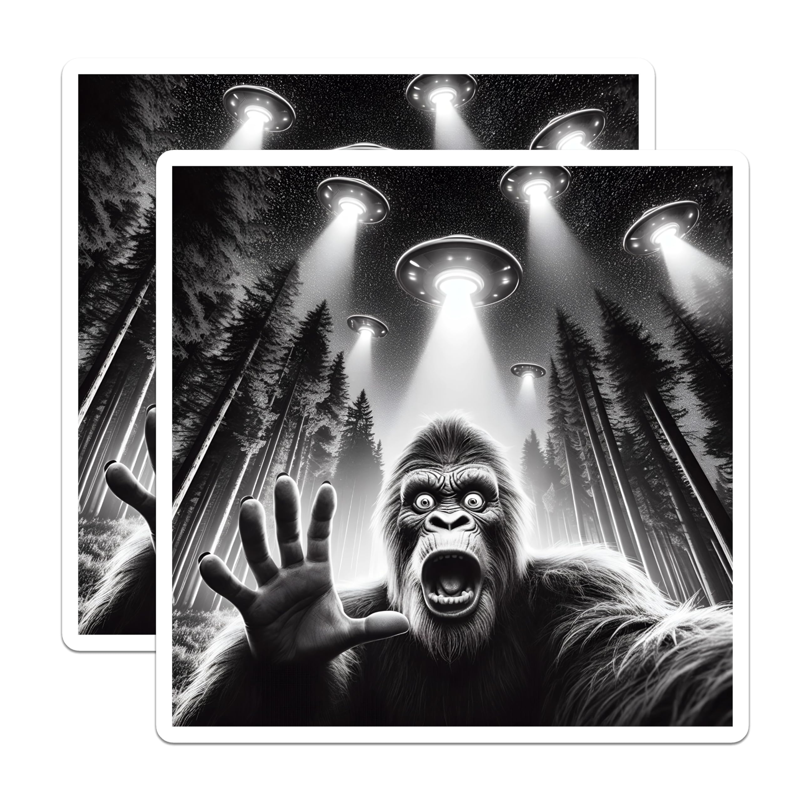 (2 Pack) Bigfoot Alien Abduction Magnets - Sasquatch UFO Encounter - Sci-Fi Cryptid Forest Decor - 5 Inches On Longest Side - Thick Durable Magnet - Made in USA - MAG21103