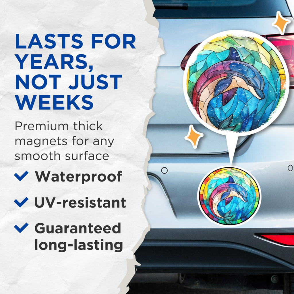 (2 Pack) Dolphin Magnets - Stained Glass Art - Ocean Animal Decor - Colorful Sea Life - 5 Inches On Longest Side - Thick Durable Magnet - Made in USA - MAG24153