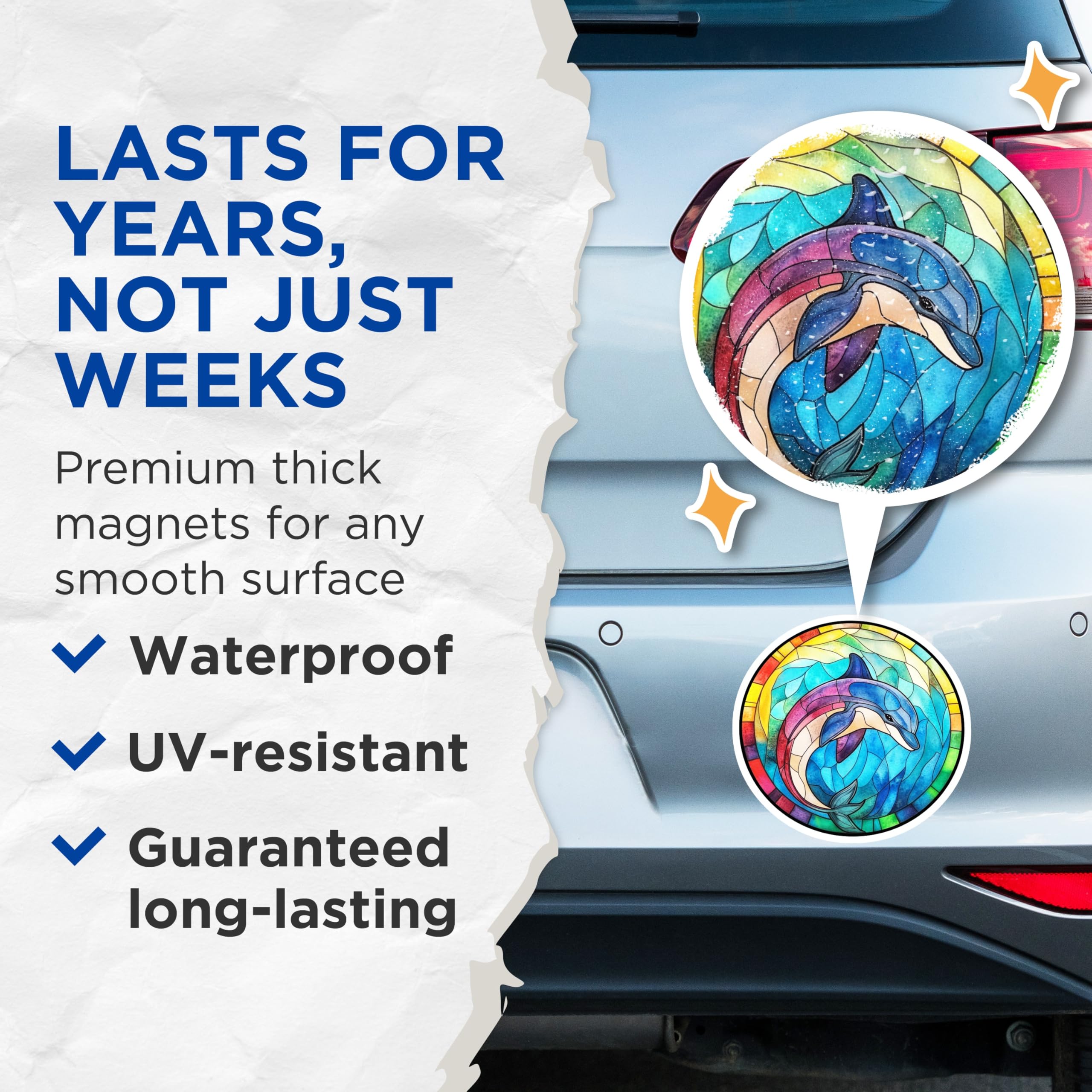 (2 Pack) Dolphin Magnets - Stained Glass Art - Ocean Animal Decor - Colorful Sea Life - 5 Inches On Longest Side - Thick Durable Magnet - Made in USA - MAG24153