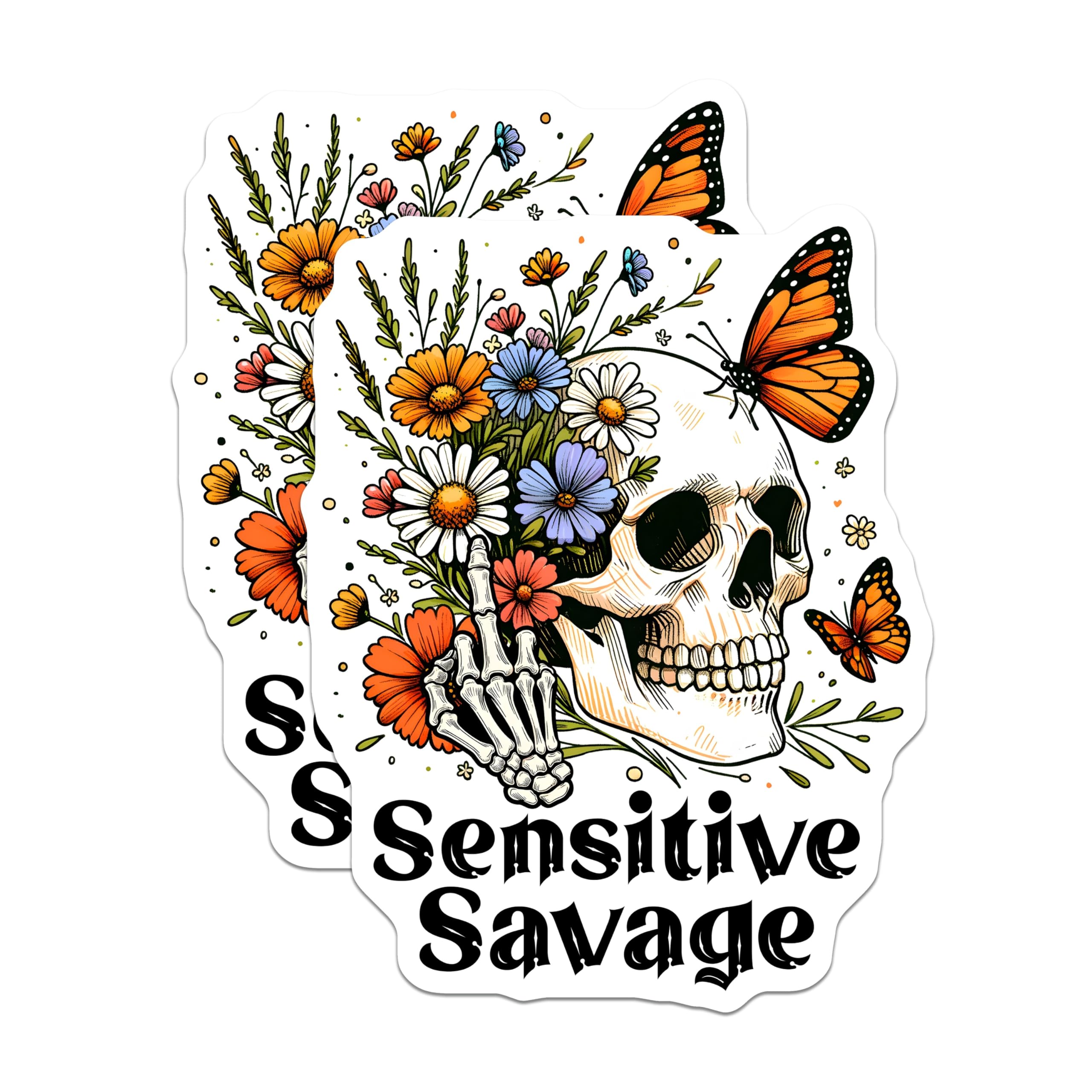 (2 Pack) Skull Floral Magnets - Butterfly Fridge Magnets - Sensitive Savage Decor - 5" On Longest Side - Premium Magnet - for Cars, Refrigerators, Toolboxes, Lockers - Made in USA - MAG16262