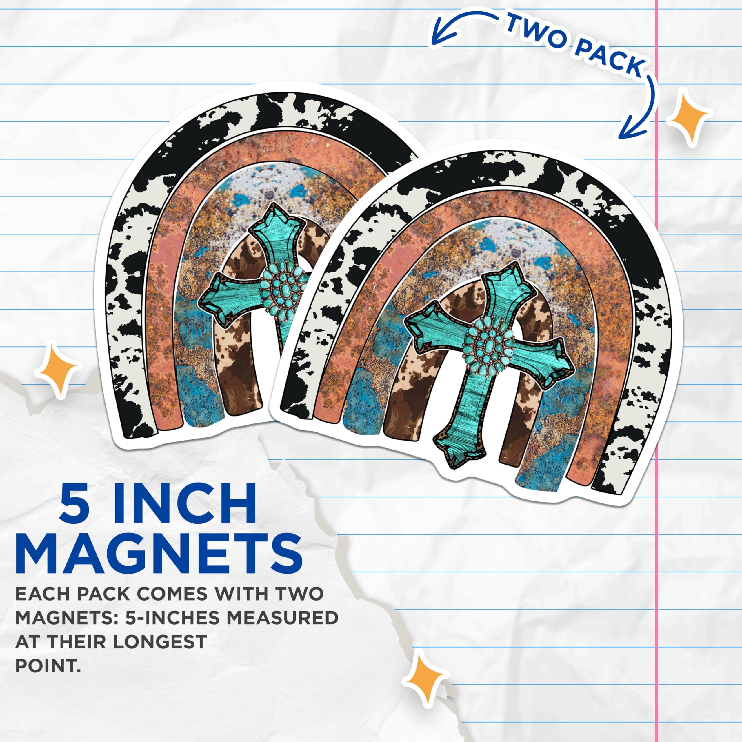 (2 Pack) Western Faith Magnets - Turquoise Cross Cowhide Rainbow Design - Rustic Boho Patina Country Style Home Adornment - 5 Inches On Longest Side - Thick Durable Magnet - Made in USA - MAG24297