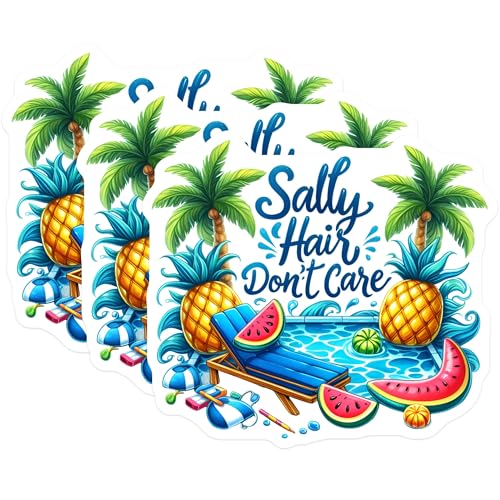 (3 Pack) Salty Hair Don't Care Decals - Summer Pool Party - Tropical Vacation Vibes - 3 Inches On Longest Side - Easy Peel & Apply - Made in USA - 3MCS8057