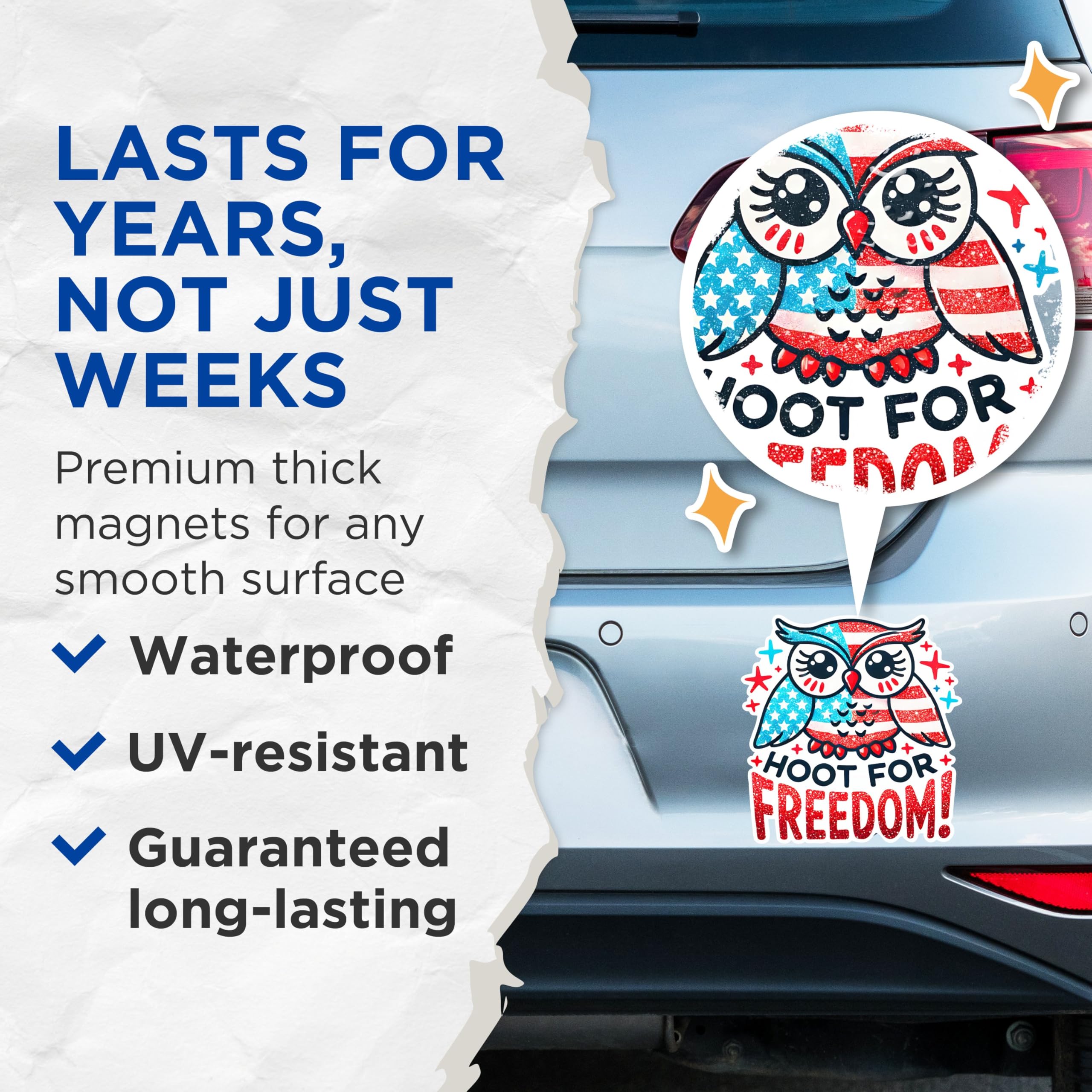 (2 Pack) Hoot for Freedom Magnets - Patriotic Owl Magnets - Red White Blue Magnets - Independence Day Owl Decorative Magnets- 5" On Longest Side - for Fridges, Toolboxes, Cars - Made in USA - MAG2712
