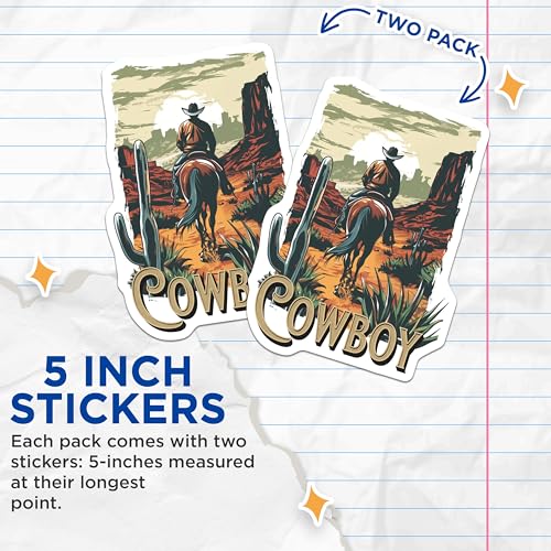 (2 Pack) Western Cowboy Stickers - Desert Landscape Stickers - Cowboy Ranch Art Stickers - 5" On Longest Side - Sticks to Any Smooth Flat Surface - Made in USA - BMCS3482