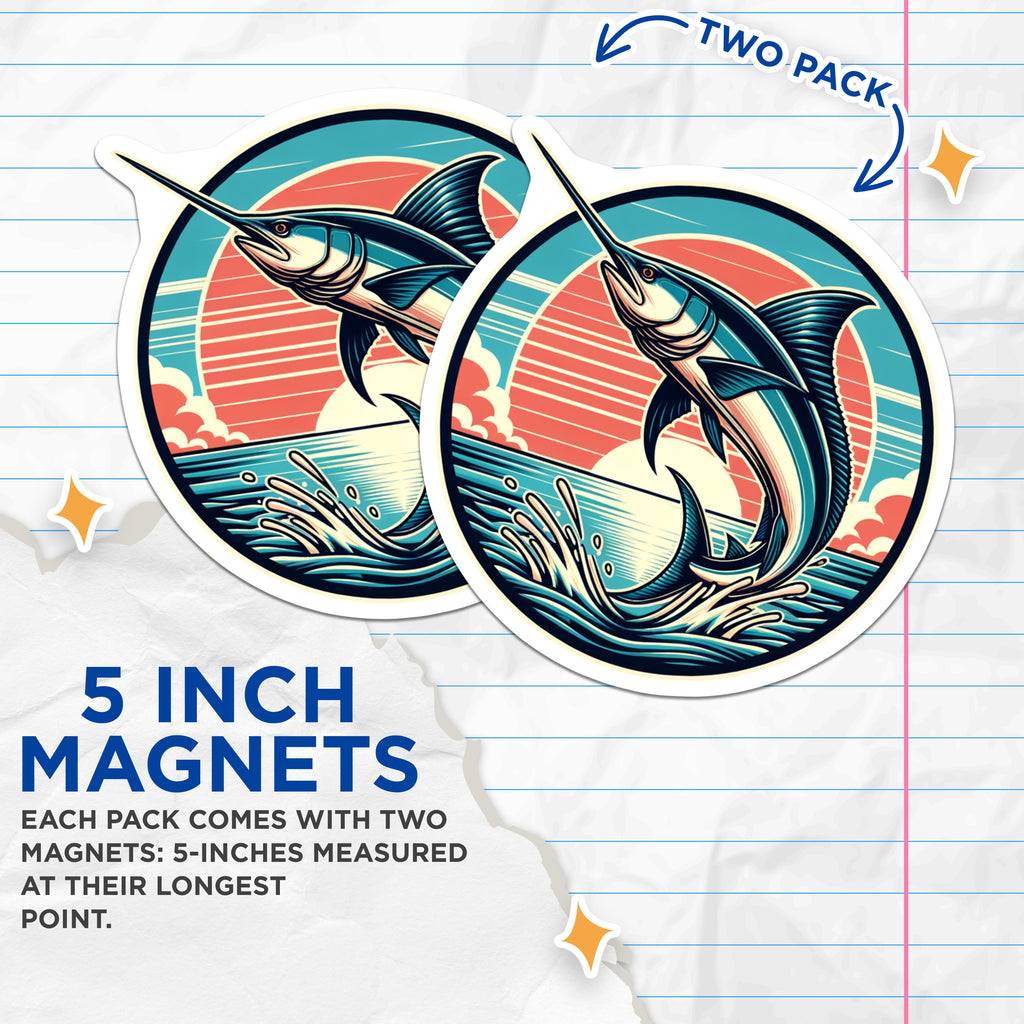 (2 Pack) Marlin Fishing Magnets - Deep Sea Angler Art - Retro Ocean Decor for Dad - 5 Inches On Longest Side - Thick Durable Magnet - Made in USA - MAG37481