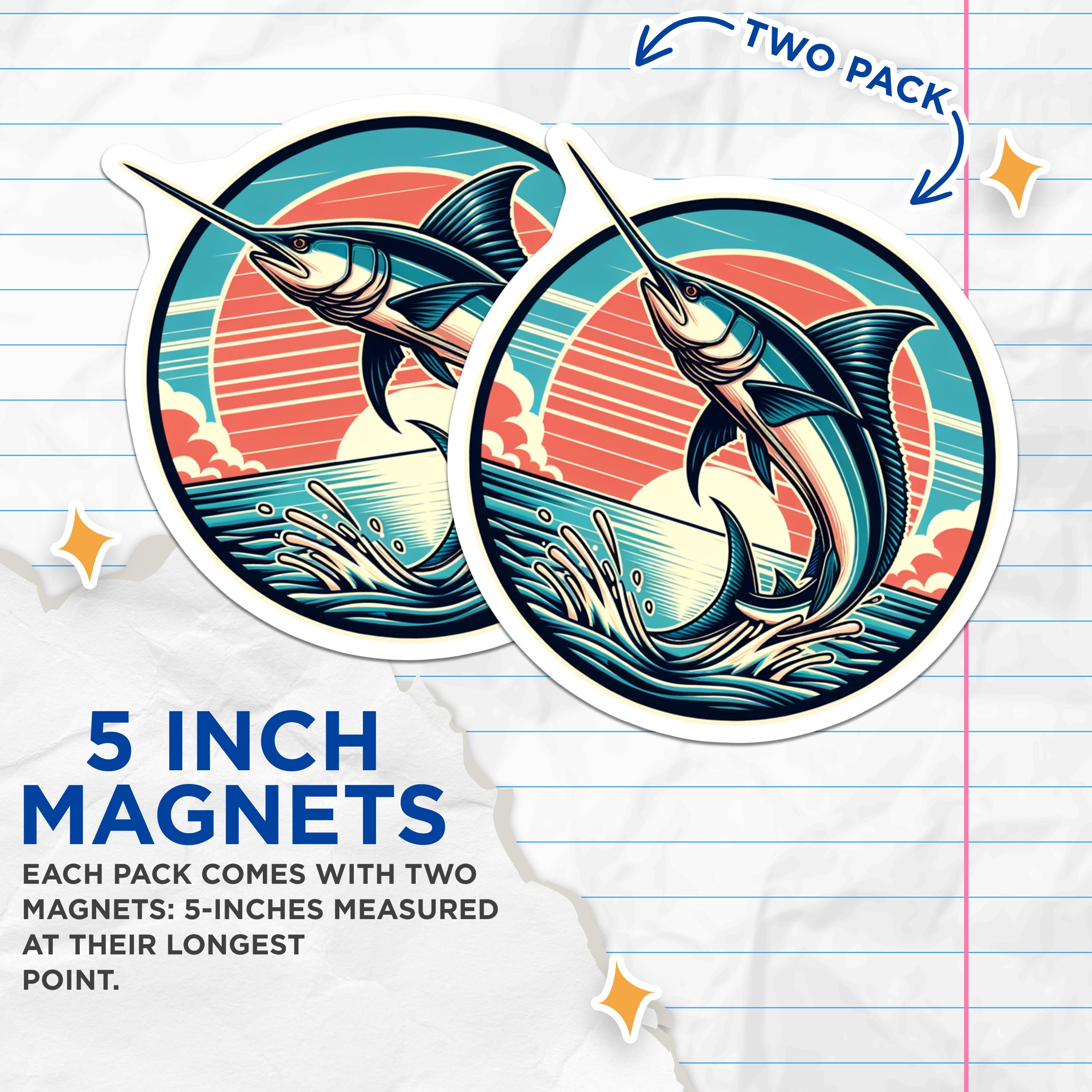 (2 Pack) Marlin Fishing Magnets - Deep Sea Angler Art - Retro Ocean Decor for Dad - 5 Inches On Longest Side - Thick Durable Magnet - Made in USA - MAG37481
