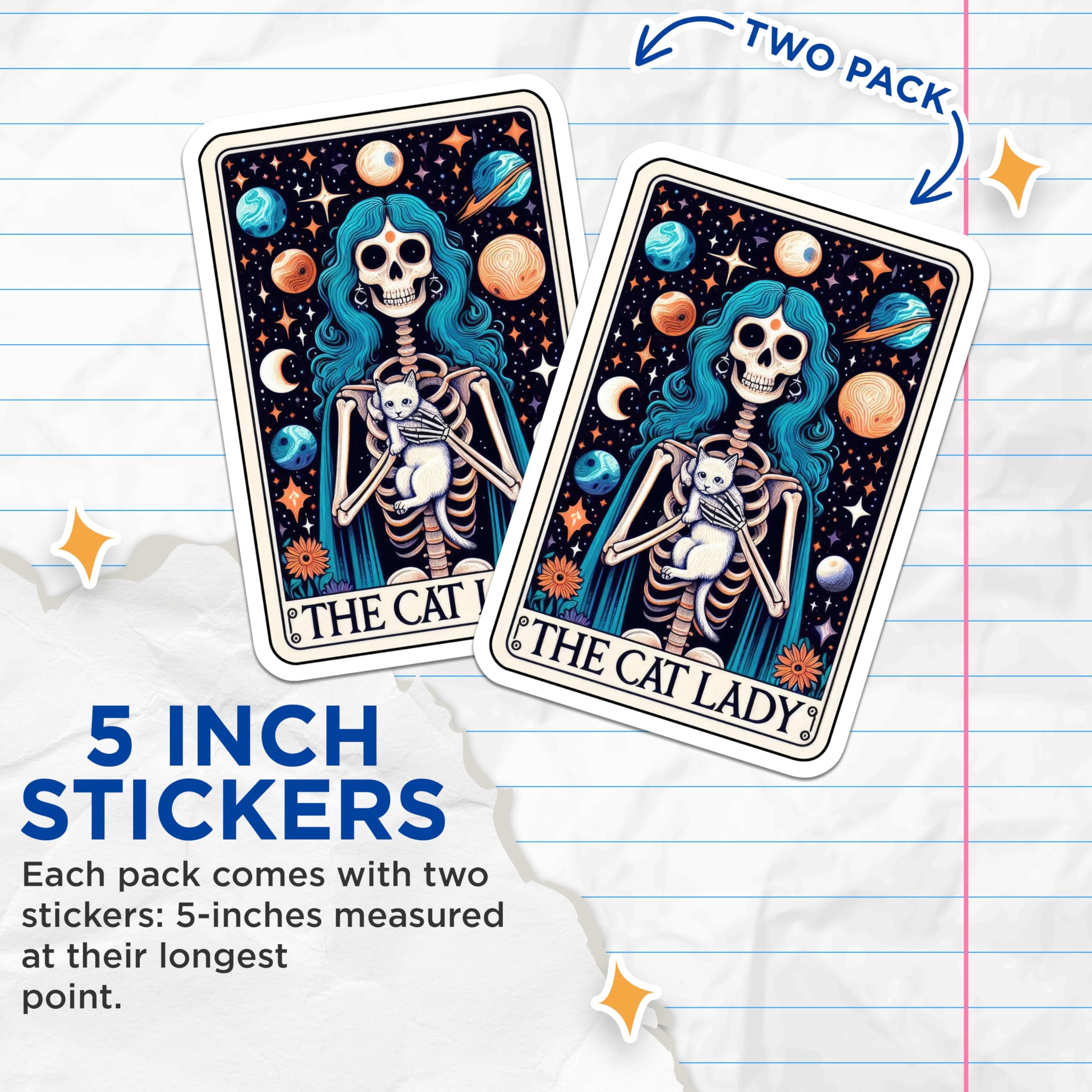 Bliss Monkey Co. (2 Pack) Cat Lady Stickers - Space Cat Skeleton - Multicolor Vinyl Rectangular Stickers - 5" - Indoor/Outdoor - Metal, Plastic, Glass, Fabric