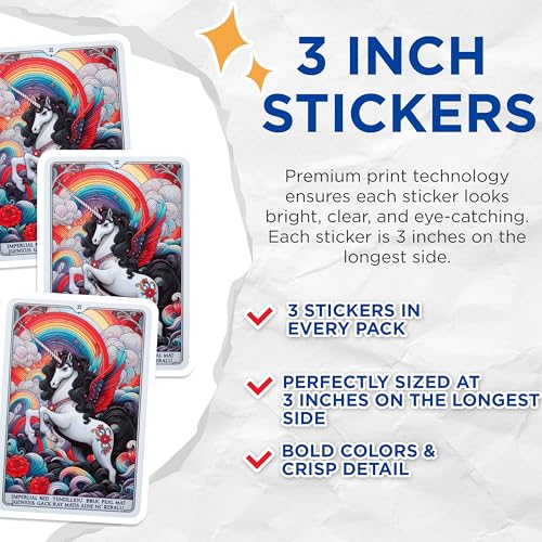 (3 Pack) Rainbow Unicorn Decals - Winged Unicorns - Fantasy Art Decals - 3 Inches On Longest Side - Easy Peel & Apply - Made in USA - 3MCS0107