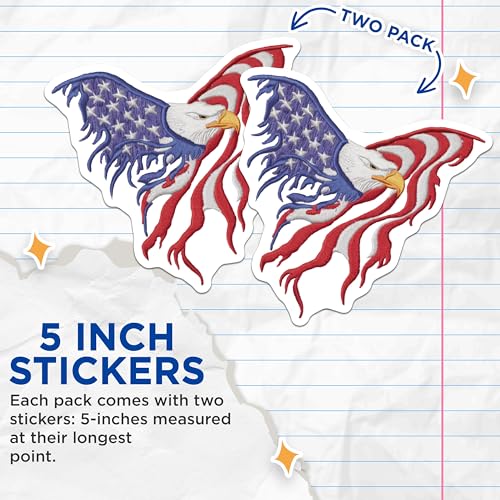 (2 Pack) American Bald Eagle Stickers - Patriotic Flag Sticker - USA Pride Vinyl Decal - 5" On Longest Side - Sticks to Smooth Flat Surfaces - Made in USA - BMCS6978