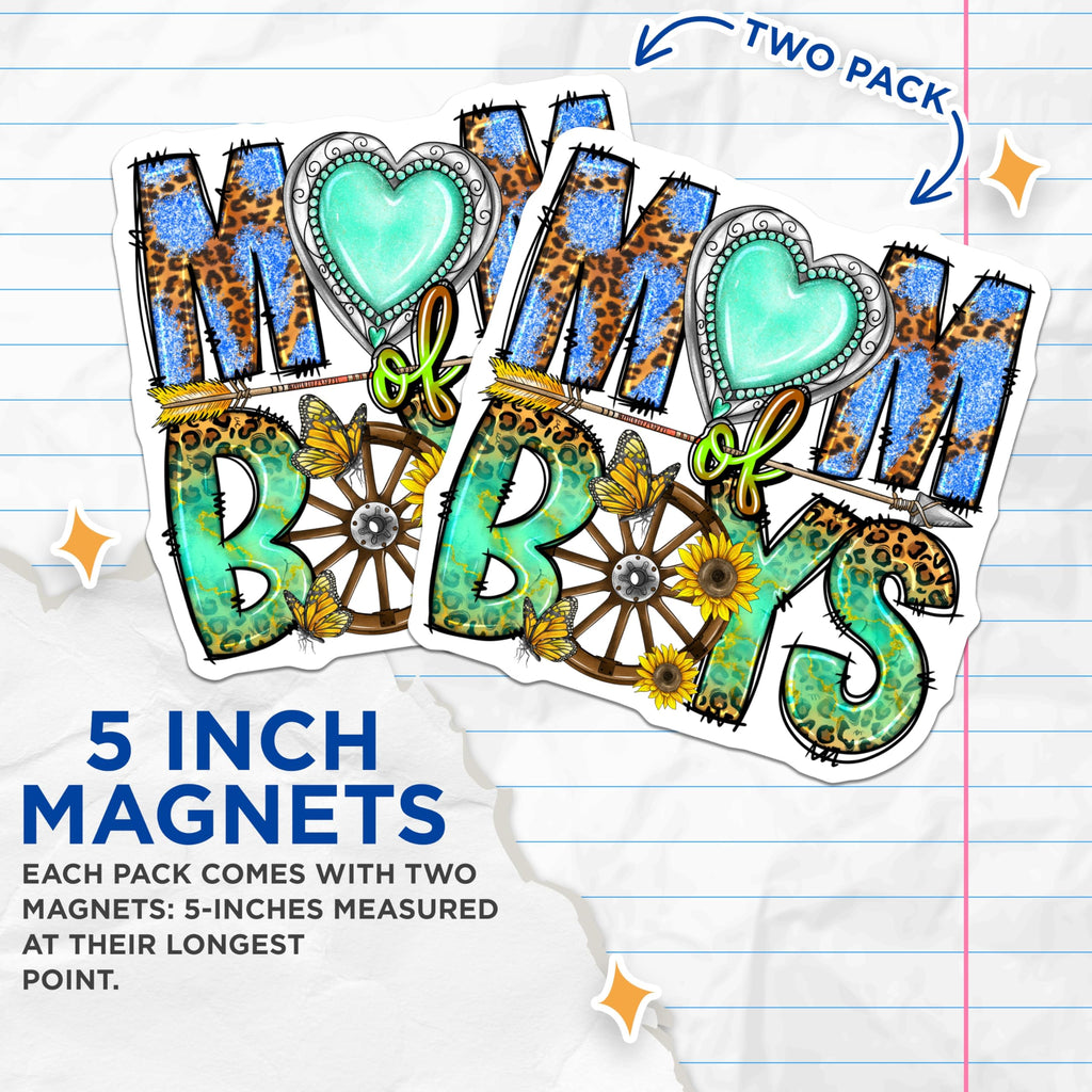 (2 Pack) Mom of Boys Magnets - Leopard Print Turquoise Mom Life - Western Country Mama Gifts - 5 Inches On Longest Side - Thick Durable Magnet - Made in USA - MAG28303