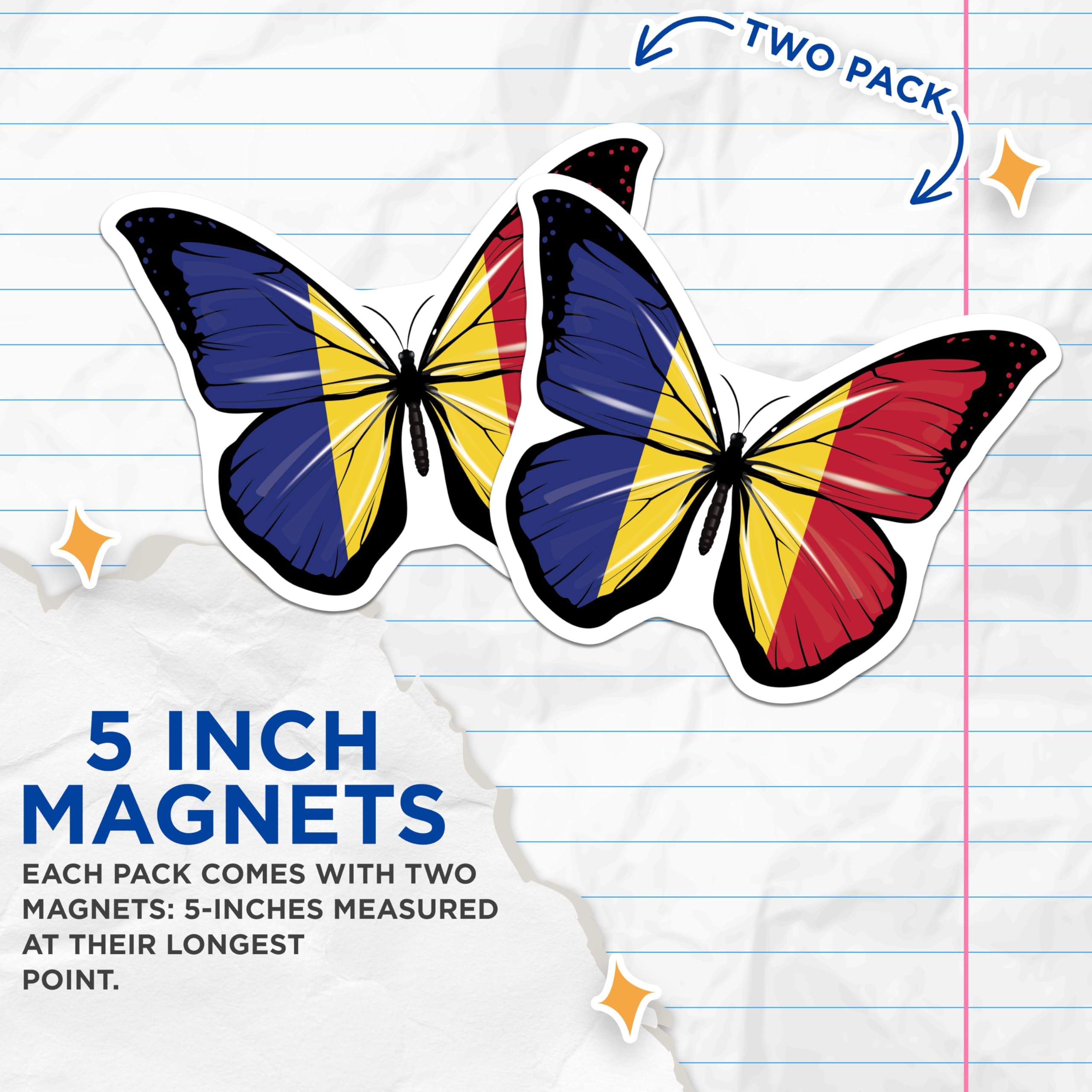 (2 Pack) Romanian Flag Butterfly Magnets - Romania National Emblem Art - Patriotic Home Locker Decor - 5 Inches On Longest Side - Thick Durable Magnet - Made in USA - MAG19436