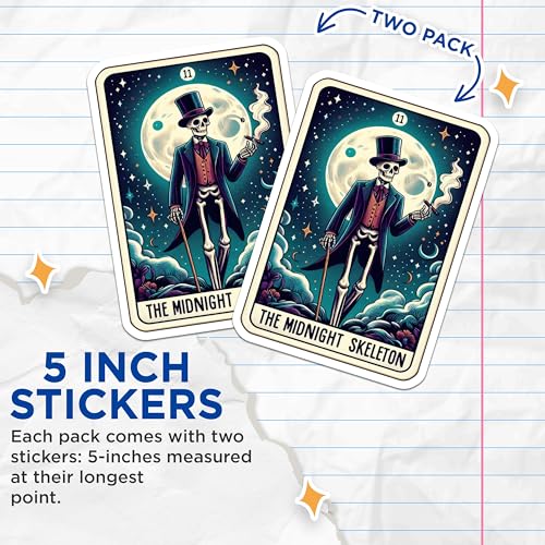 (2 Pack) The Midnight Skeleton Stickers - Halloween Skull Stickers - Gothic Moonlight Stickers - 5" On Longest Side - Sticks to Smooth Flat Surfaces - Made in USA - BMCS5454