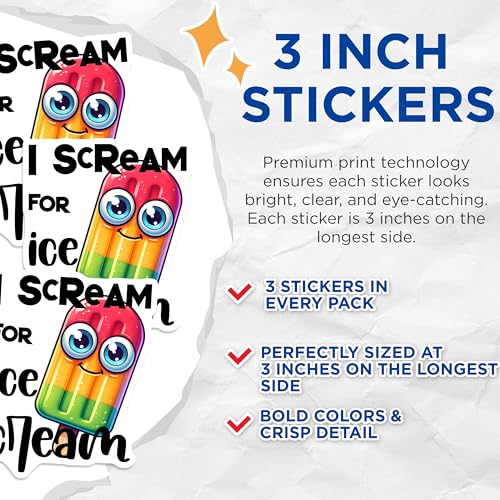 (3 Pack) Ice Cream Decals - Cute Food Stickers - Cartoon Laptop Decal - 3 Inches On Longest Side - Easy Peel & Apply - Made in USA - 3MCS7551