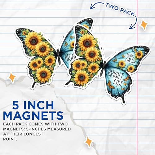 (2 Pack) Look On The Bright Side Butterfly Magnets - Sunflower Fridge Magnets - Positive Quote Magnets for Home Office- 5" On Longest Side - for Fridges, Toolboxes, Cars - Made in USA - MAG2557