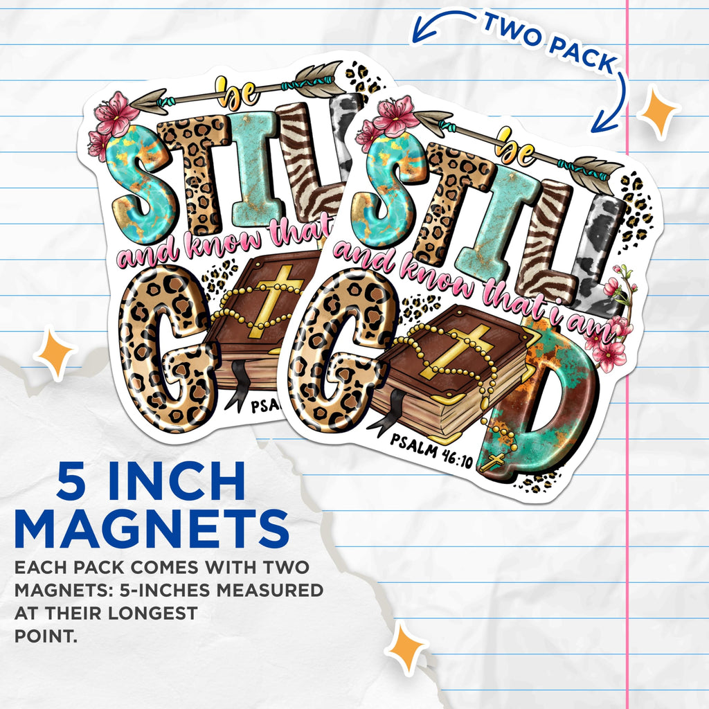 (2 Pack) Be Still Know God Magnets - Psalm 46:10 Bible Verse Faith Art - Boho Leopard Zebra Cow Print Decor - 5 Inches On Longest Side - Thick Durable Magnet - Made in USA - MAG24809