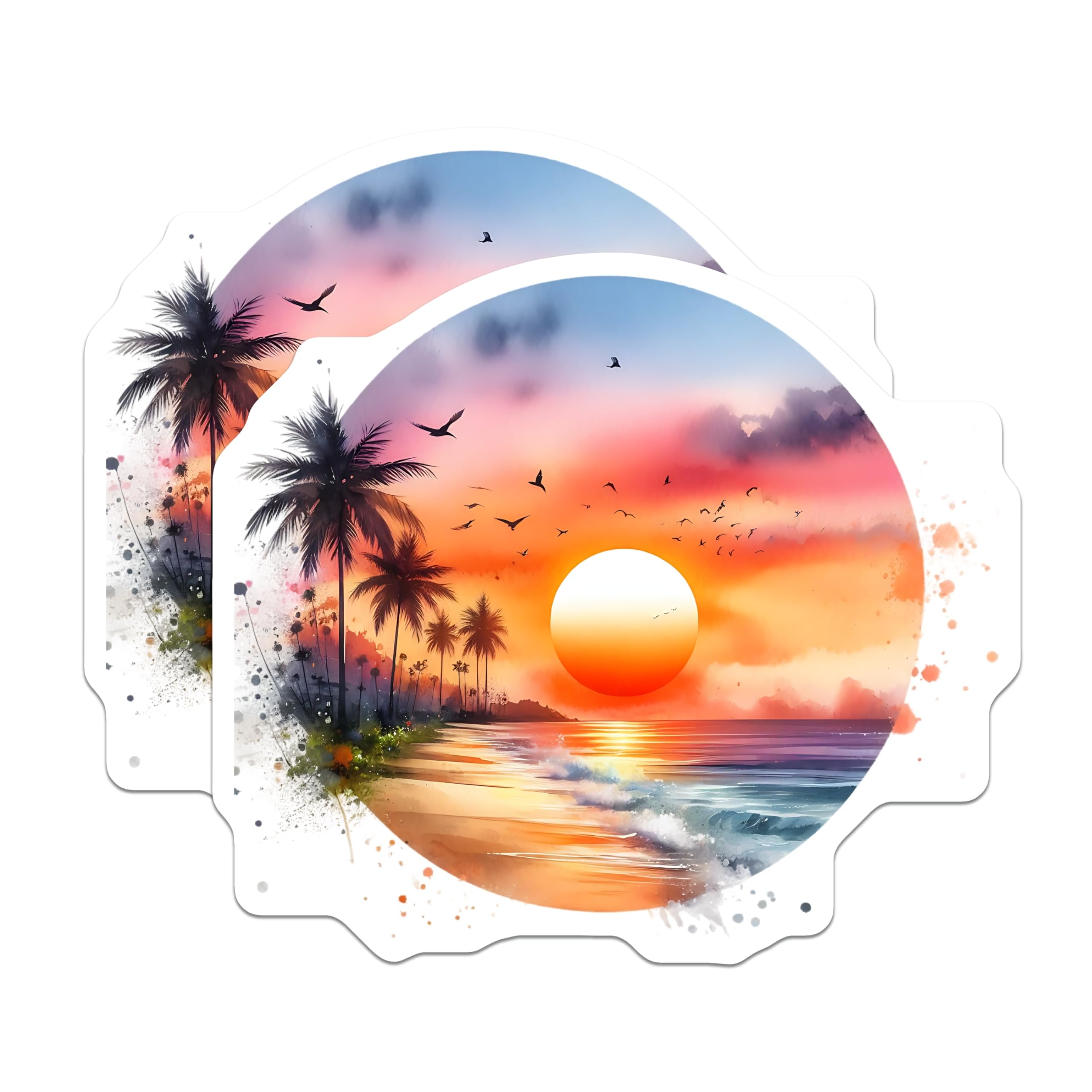 (2 Pack) Beach Sunset Magnets - Palm Tree Art- Ocean Scene Decor - 5" On Longest Side - Premium Magnet - for Cars, Refrigerators, Toolboxes, Lockers - Made in USA - MAG16110