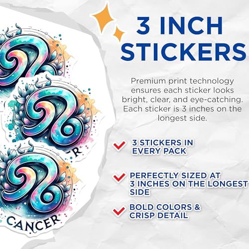 (3 Pack) Cancer Zodiac Decals - Astrology Sign Stickers - Laptop Decor- 3 Inches On Longest Side - Easy Peel & Apply - Made in USA - 3MCS5798