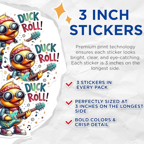 (3 Pack) Duck N Roll Decals - Rocker Duck - Guitar Player Decal- 3 Inches On Longest Side - Easy Peel & Apply - Made in USA - 3MCS5104