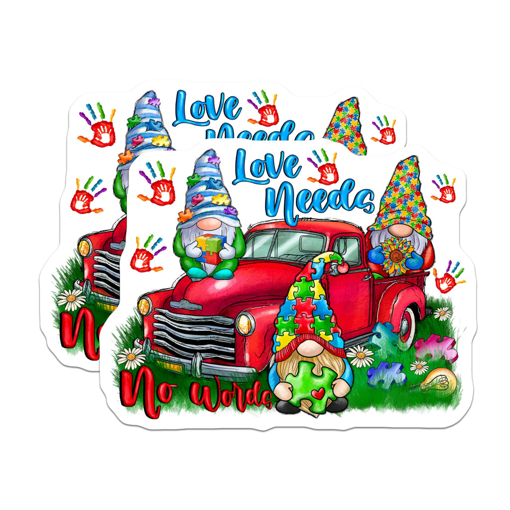(2 Pack) Autism Awareness Magnets - Puzzle Piece Gnomes - Love Needs No Words Decor - Red Truck Art - 5 Inches On Longest Side - Thick Durable Magnet - Made in USA - MAG24013
