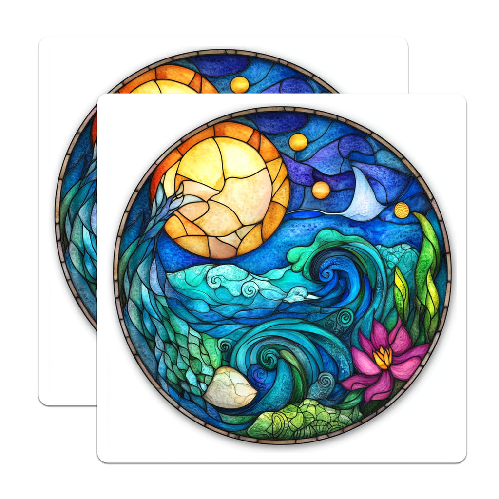 (2 Pack) Stained Glass Ocean Magnets - Moon and Waves Art - Lotus Flower Decor - Mystical Ocean Scene - Coastal Aesthetic - 5 Inches On Longest Side - Thick Durable Magnet - Made in USA - MAG30809