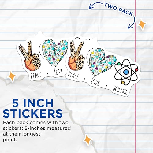 (2 Pack) Peace Love Science Stickers - Science Lab Decor - Educational Classroom - 5" On Longest Side - Sticks to Smooth Flat Surfaces - Made in USA - BMCS7842