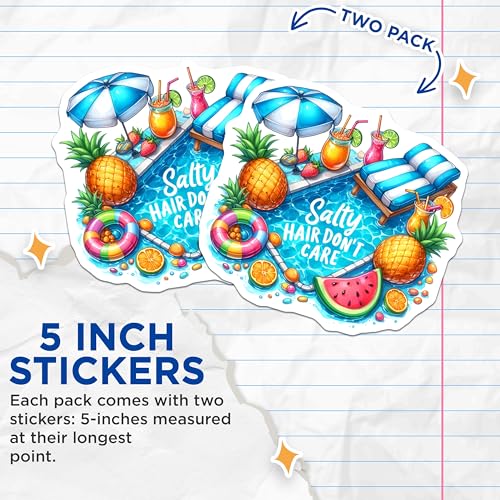 (2 Pack) Salty Hair Dont Care Stickers - Beach Vibes - Summer Aesthetic - 5" On Longest Side - Sticks to Smooth Flat Surfaces - Made in USA - BMCS9285