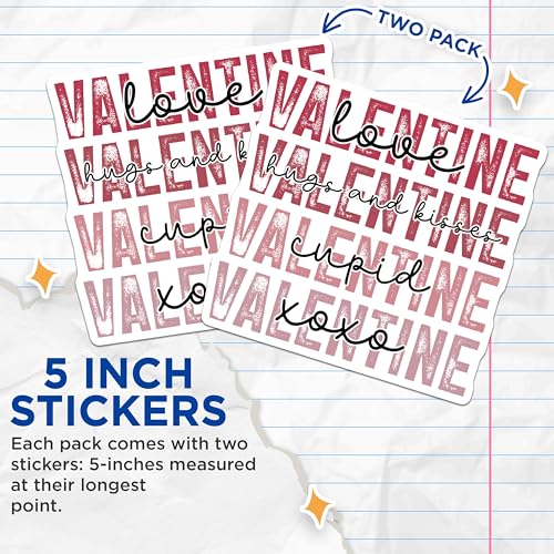 (2 Pack) Valentine Stickers - Love Hugs and Kisses Stickers - Cupid XOXO Lovers Stickers - 5" On Longest Side - Sticks to Any Smooth Flat Surface - Made in USA - BMCS3067