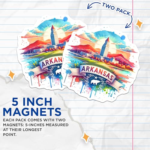 (2 Pack) Arkansas State Magnets - Souvenir Magnets - Travel Keepsake - Scenic Magnets - Artful Fridge Magnet - 5" On Longest Side - for Cars, Fridges, Toolboxes - Made in USA - MAG6929