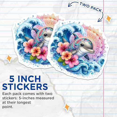 (2 Pack) Mandala Dolphin Stickers - Ocean Theme - Marine Life Art Stickers - 5" On Longest Side - Sticks to Smooth Flat Surfaces - Made in USA - BMCS9491
