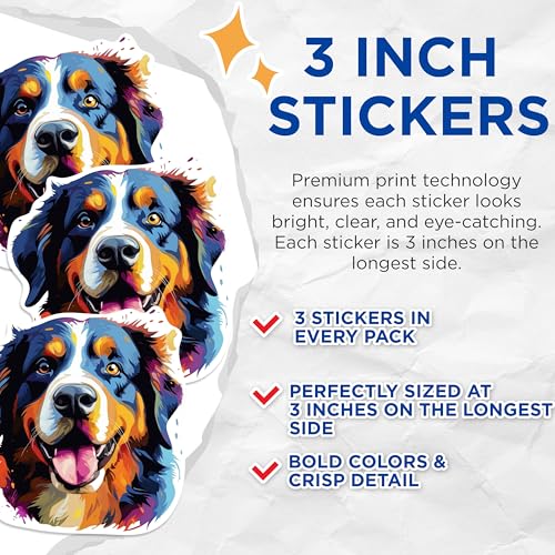 (3 Pack) Bernese Mountain Dog Decals - Dog Breed Art - Laptop Decal - 3 Inches On Longest Side - Easy Peel & Apply - Made in USA - 3MCS0652